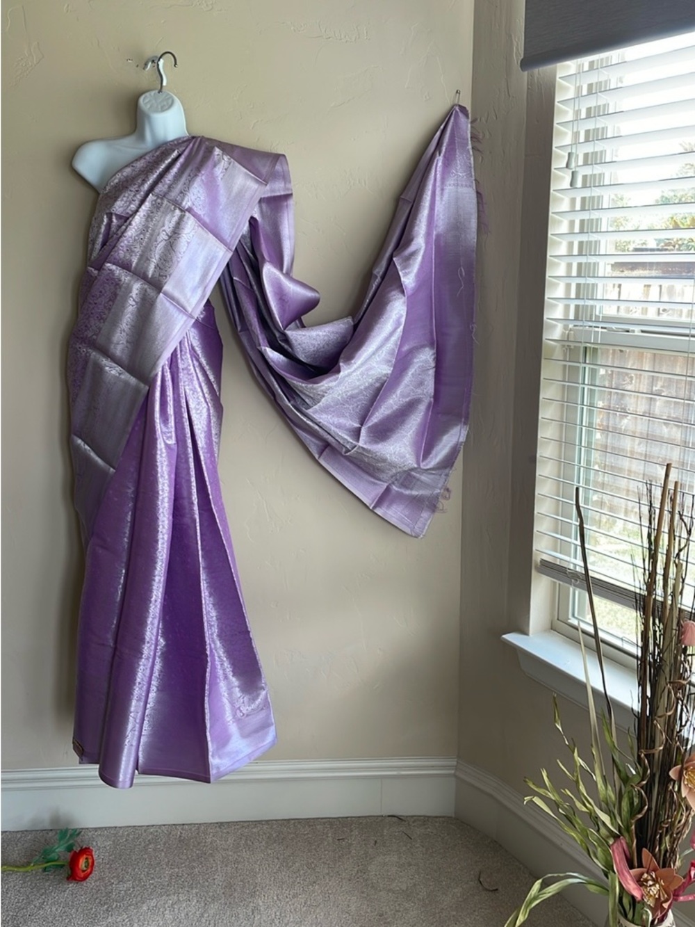 Lavender Shimmer Saree - Metallic Lilac Draped Fabric